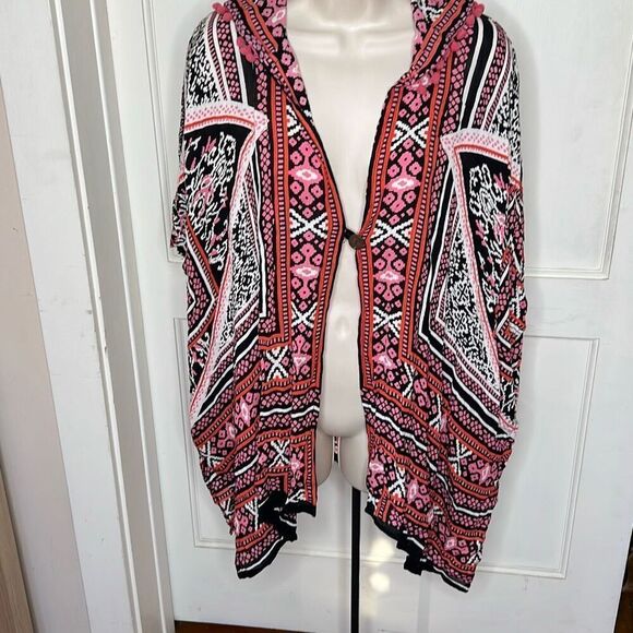 RAGA Kimono Poncho Lightweight Cover Up Pink Orange Boho Hooded Pom Pom Top Medi - Picture 1 of 6